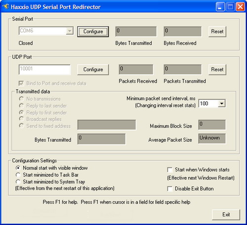 Screenshot of UDP Serial Port Redirector